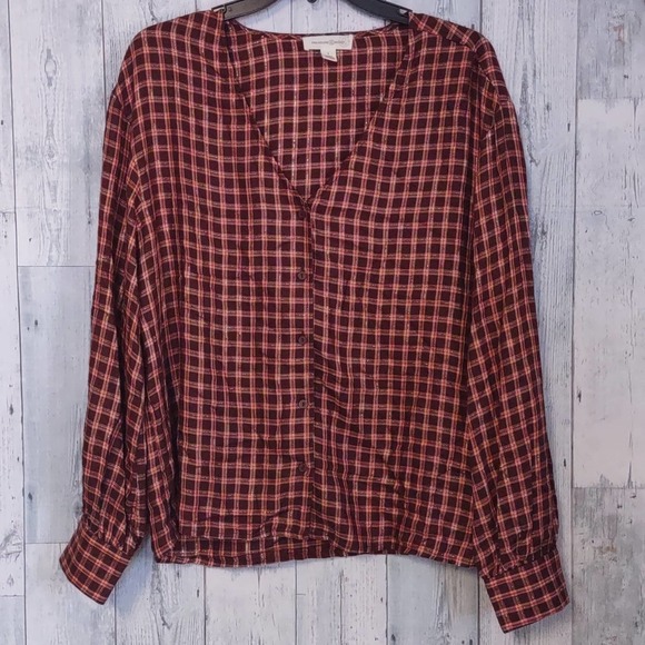 TREASURE & BOND Button Front Long Sleeve Top Brown York Plaid Medium - Picture 5 of 9